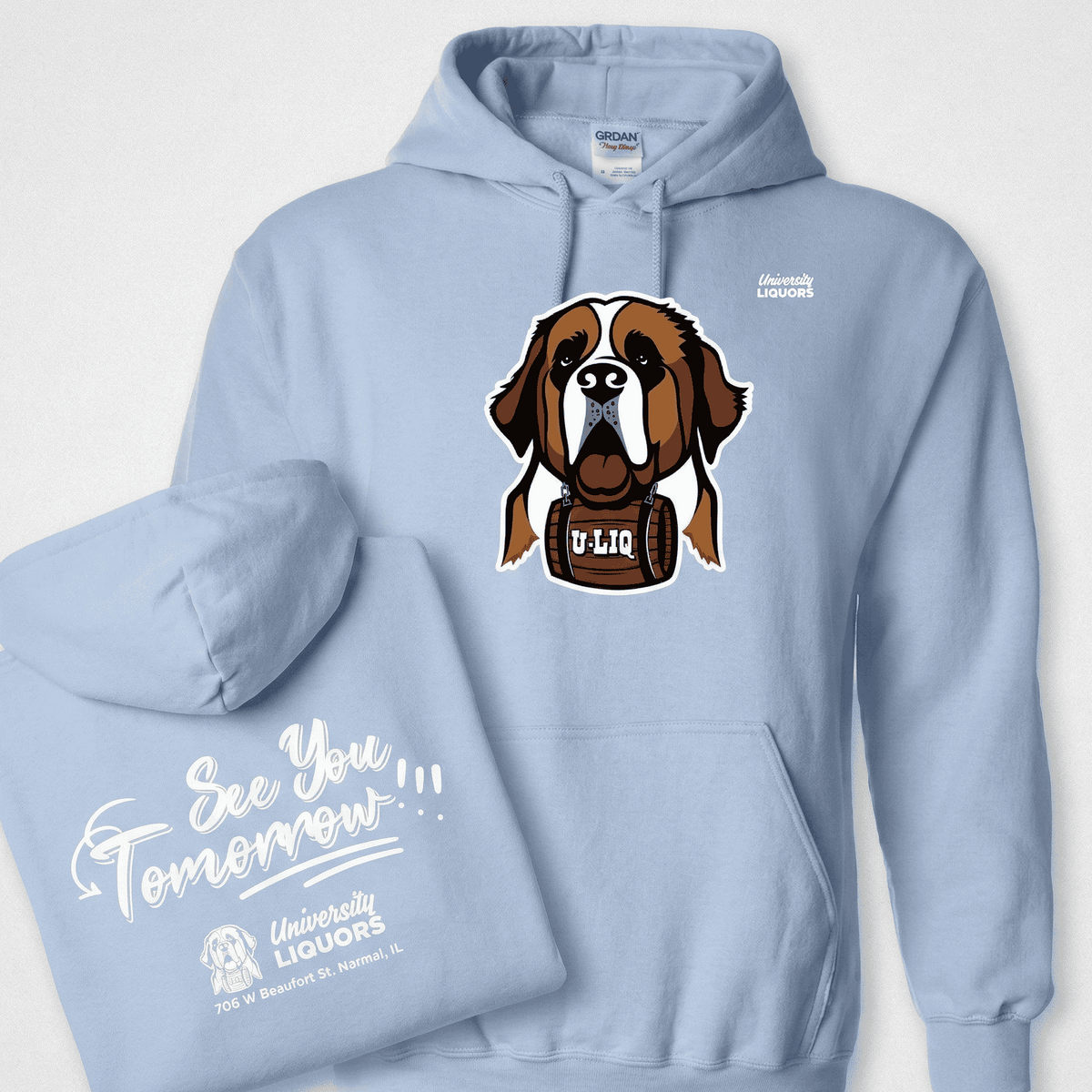 Light blue University Liquors hoodie