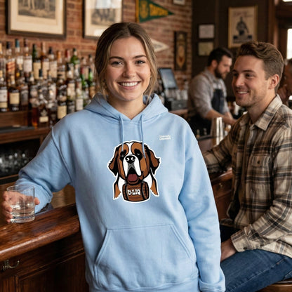 Person wearing a light blue University Liquors hoodie.