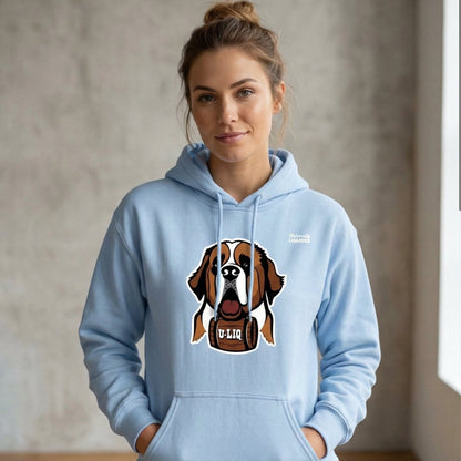 Woman wearing alight blue University Liquors hoodie.