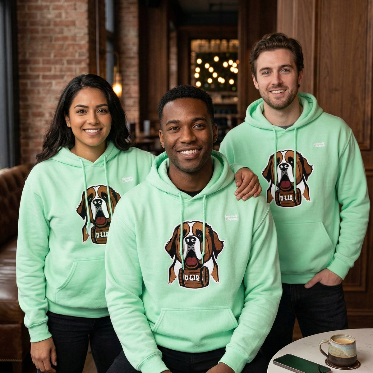 Three people wearing mint green University Liquors hoodie in an indoor setting.