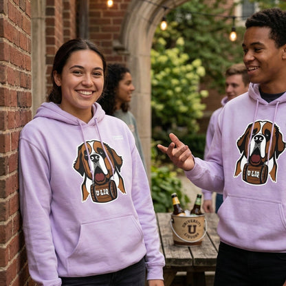 person wearing orchid University Liquors hoodie.