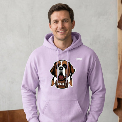 Man wearing a purple University Liquors hoodie.