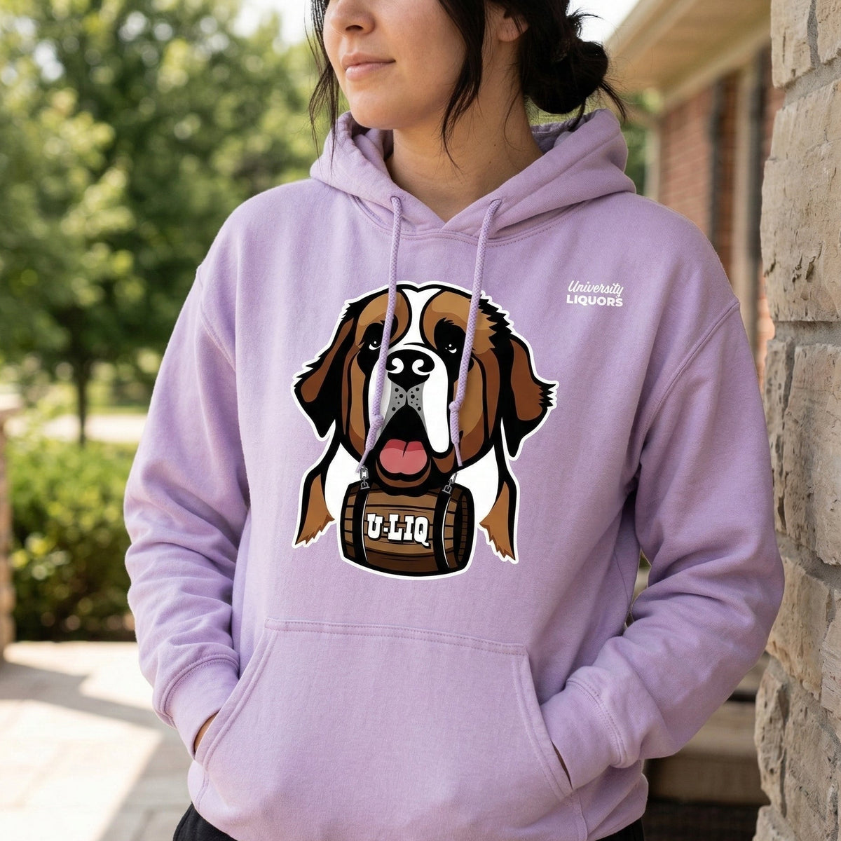 Person wearing a lavender University Liquors hoodie.