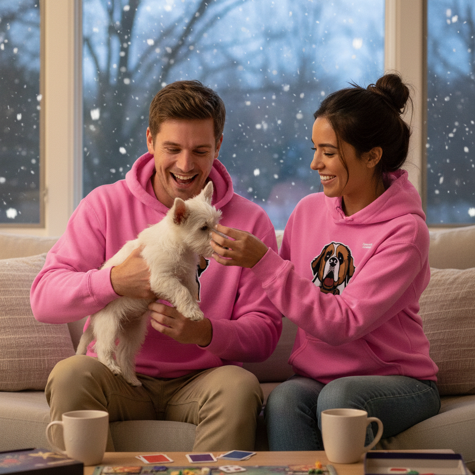 Two people wearing a university liquors  hoodie, holding a small white dog, sitting on a couch with a snowy outdoor background.