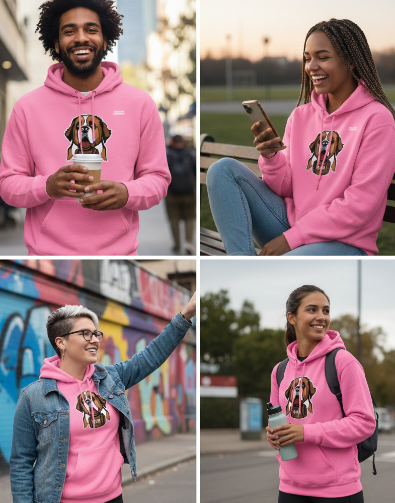 Four different people wearing a university liquors  hoodie, in various settings.