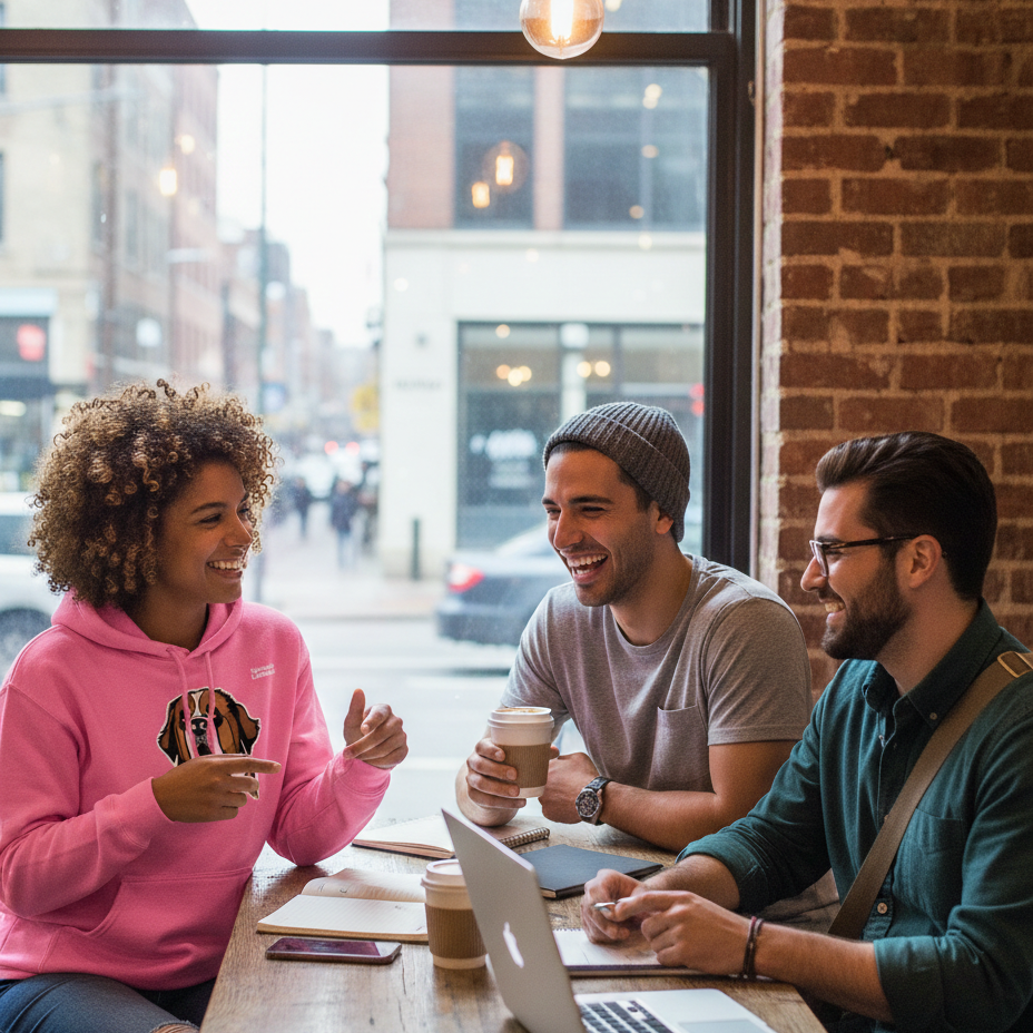 Three people sitting at a table in a university liquors hoodie with a laptop and coffee, engaged in conversation, in an urban setting.