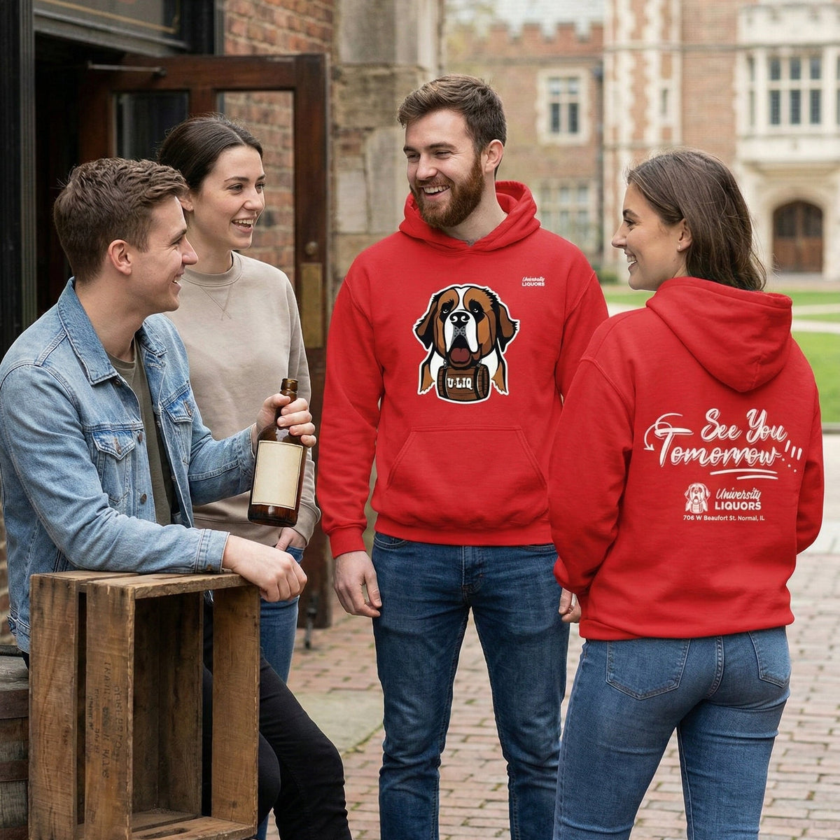 Two people wearing red University Liquors hoodies standing outdoors near a pub.