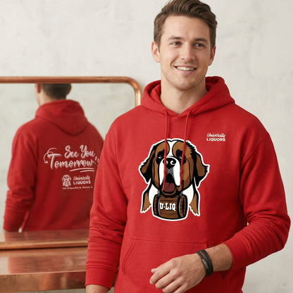 Man wearing a red University Liquors hoodie, standing in front of a mirror.