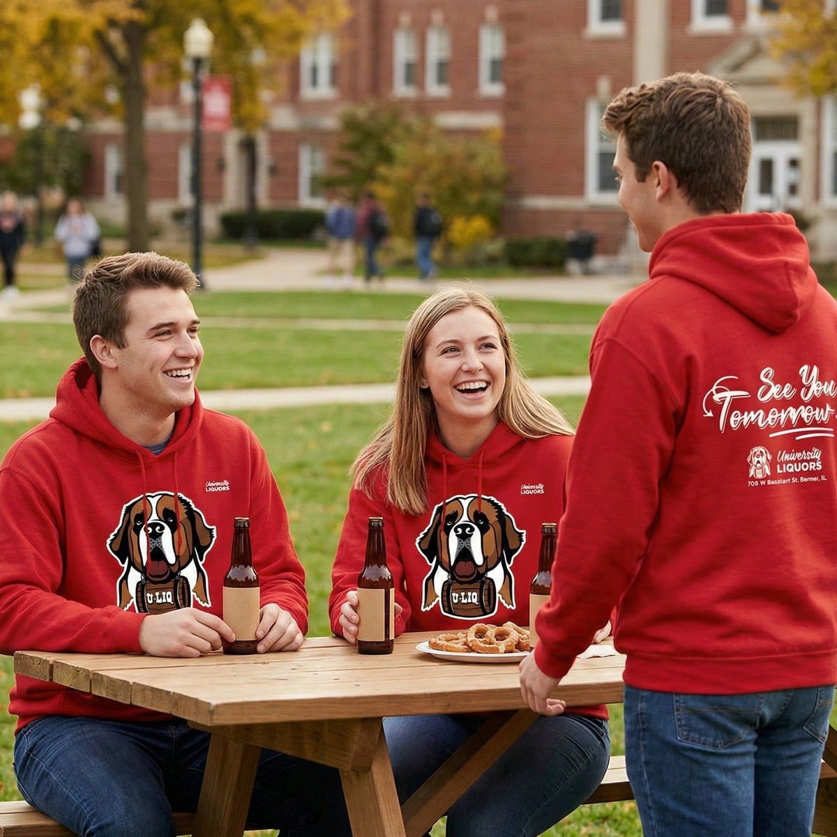 Three people in red University Liquors hoodie, sitting around a picnic table outdoors.