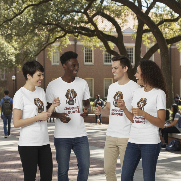 Four people standing together on a college campus, wearing U-Liq branded t-shirts.