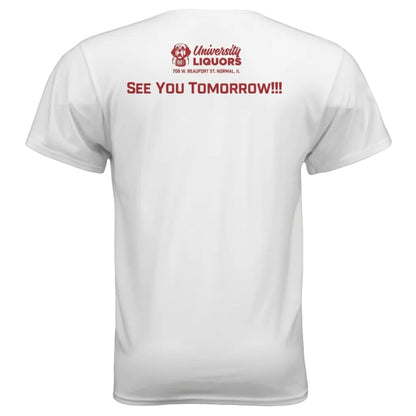 White t-shirt with red text and logo on the back, displayed against a white background