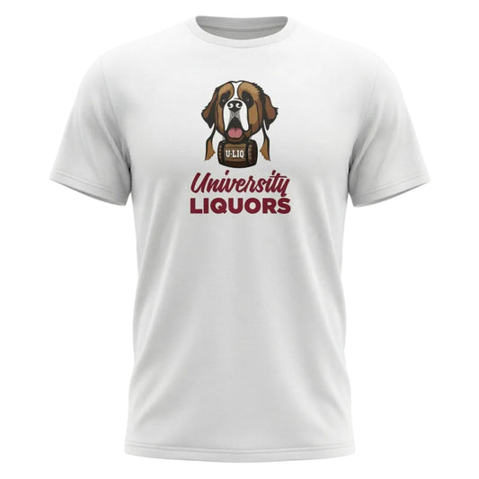 White t-shirt with a dog graphic and 'University Liquors' text on a white background
