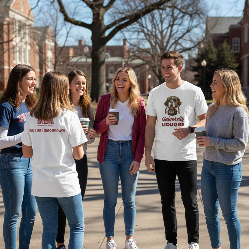 Group of young adults standing outdoors on a college campus with University Liquors t-shirt.