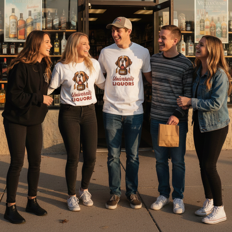 Five people standing together outside a liquor store with one person wearing a 'University Liquors' shirt.
