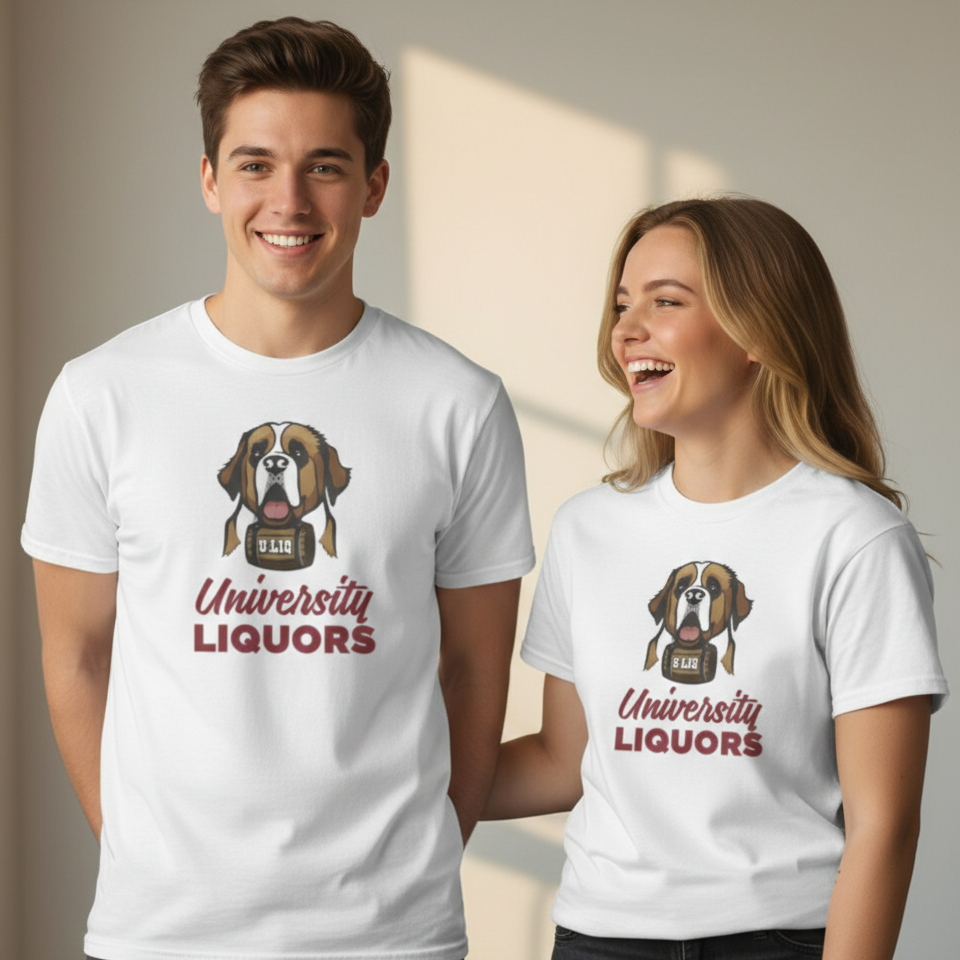 Two people wearing white t-shirts with 'University Liquors' text.
